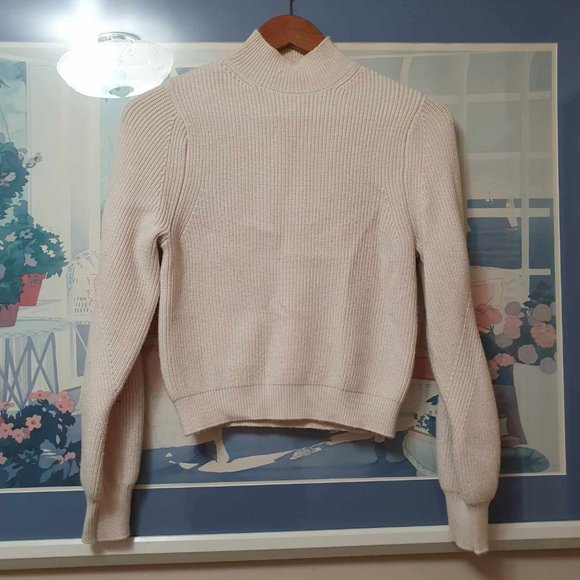 Zara Ribbed Balloon Sleeve Mockneck Knit Sweater - Ivory - Small - Picture 2 of 4